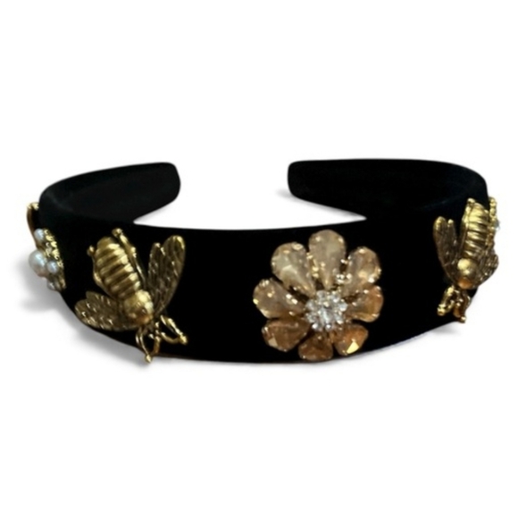Accessories - Hair Accessories Black Velvet Baroque Gold Bee & Flower Crystal Charm Headband